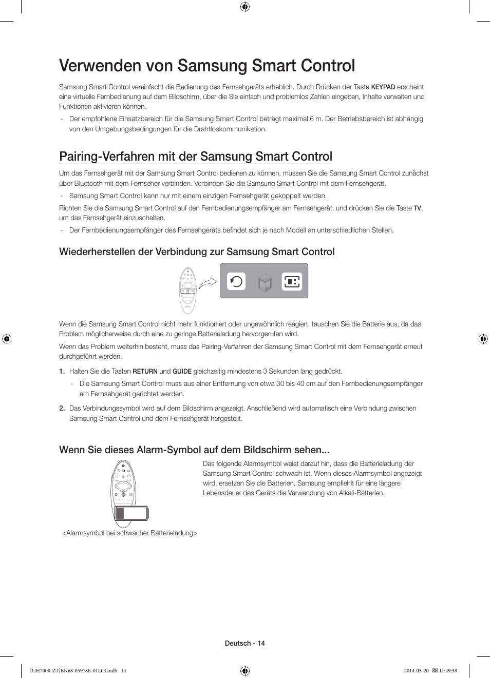 Verwenden von samsung smart control, Pairing-verfahren mit der samsung smart control | Samsung UE46H7000SZ User Manual | Page 60 / 69