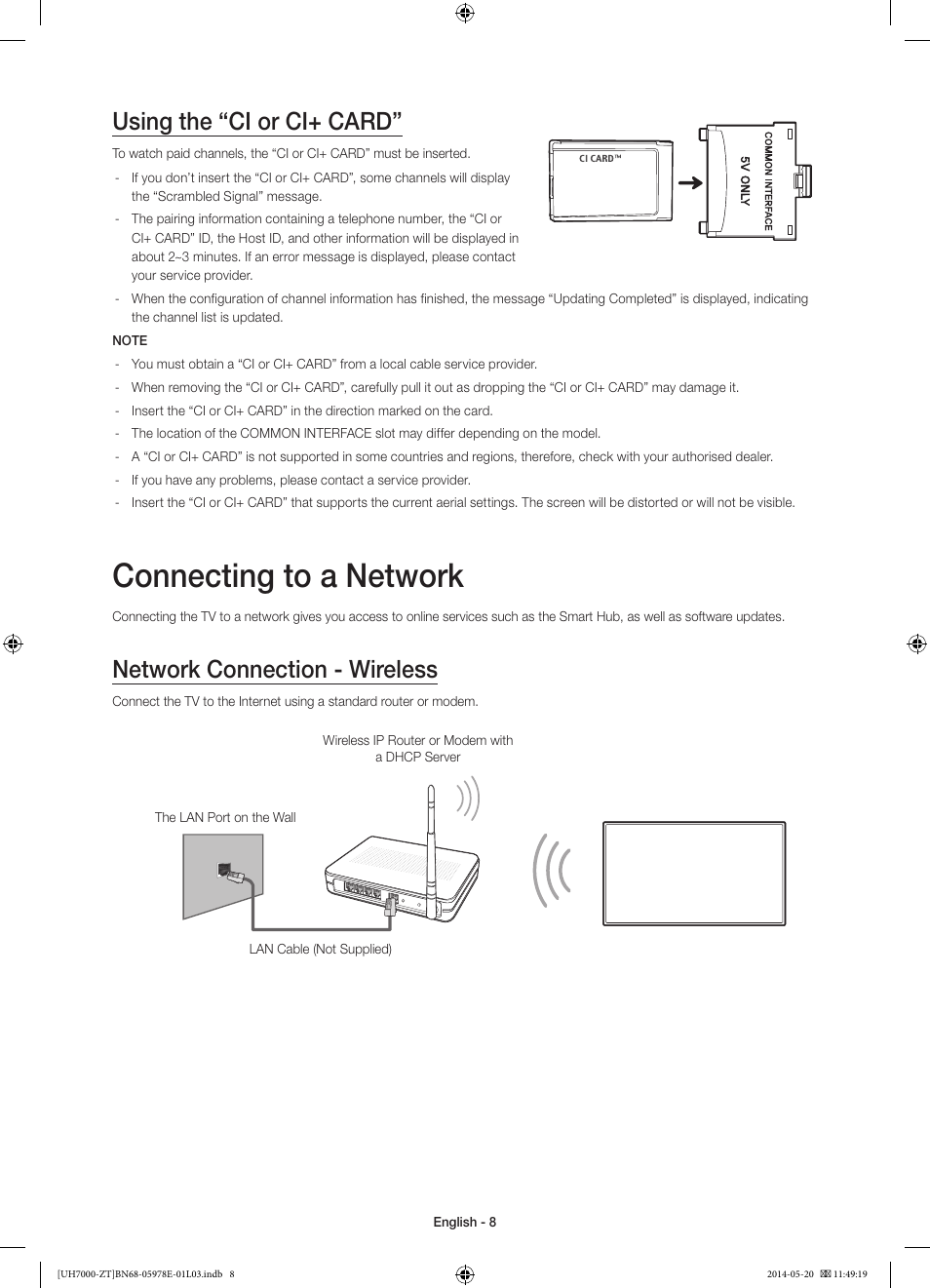Connecting to a network, Using the “ci or ci+ card, Network connection - wireless | Samsung UE46H7000SZ User Manual | Page 8 / 69