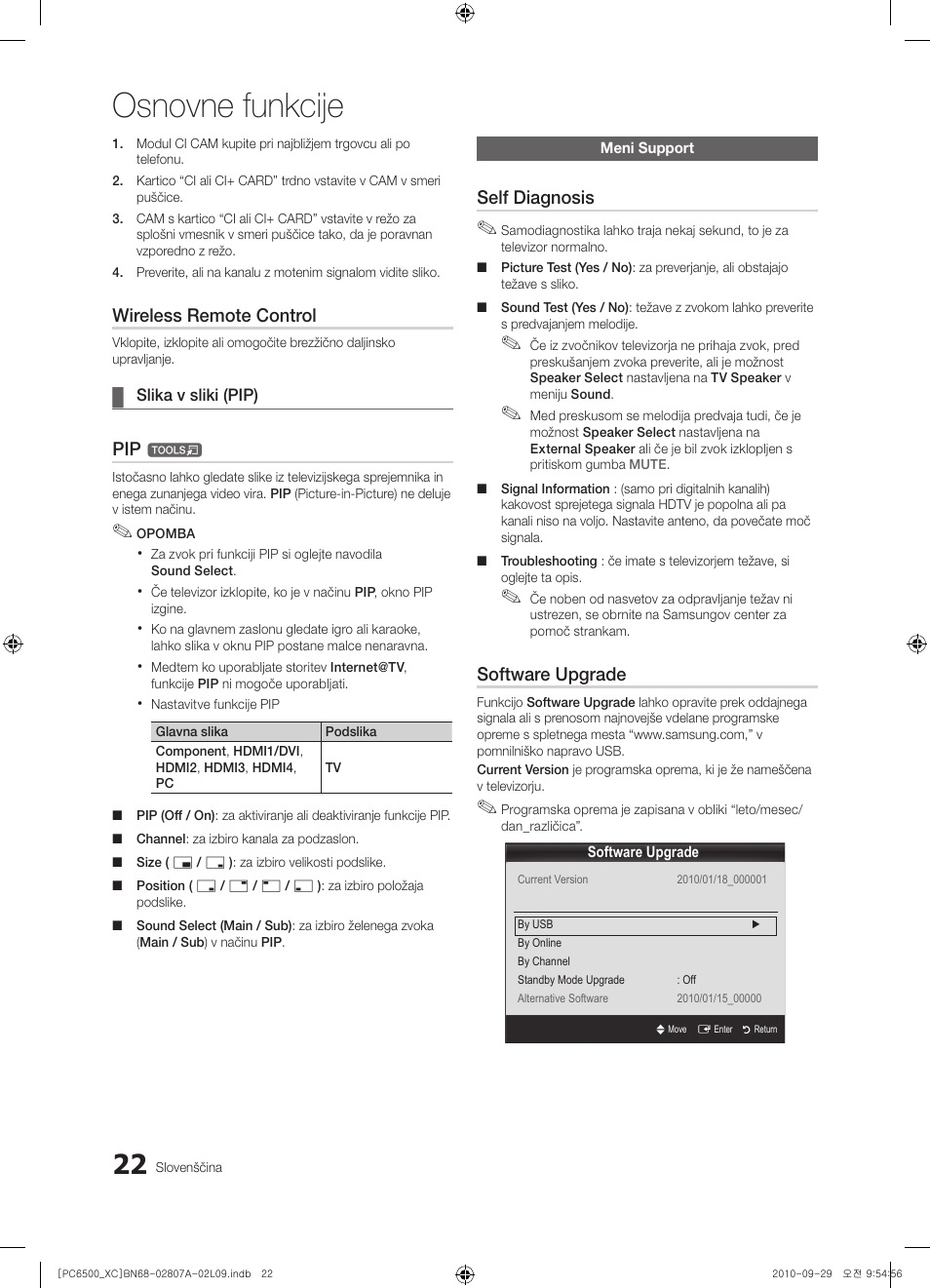 Osnovne funkcije, Wireless remote control, Self diagnosis | Software upgrade | Samsung PS50C6500TW User Manual | Page 408 / 499