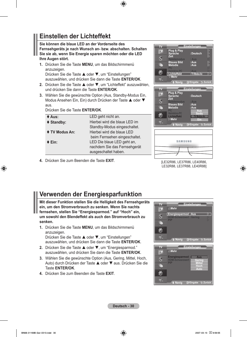 Einstellen der lichteffekt, Verwenden der energiesparfunktion | Samsung LE40R87BD User Manual | Page 156 / 498