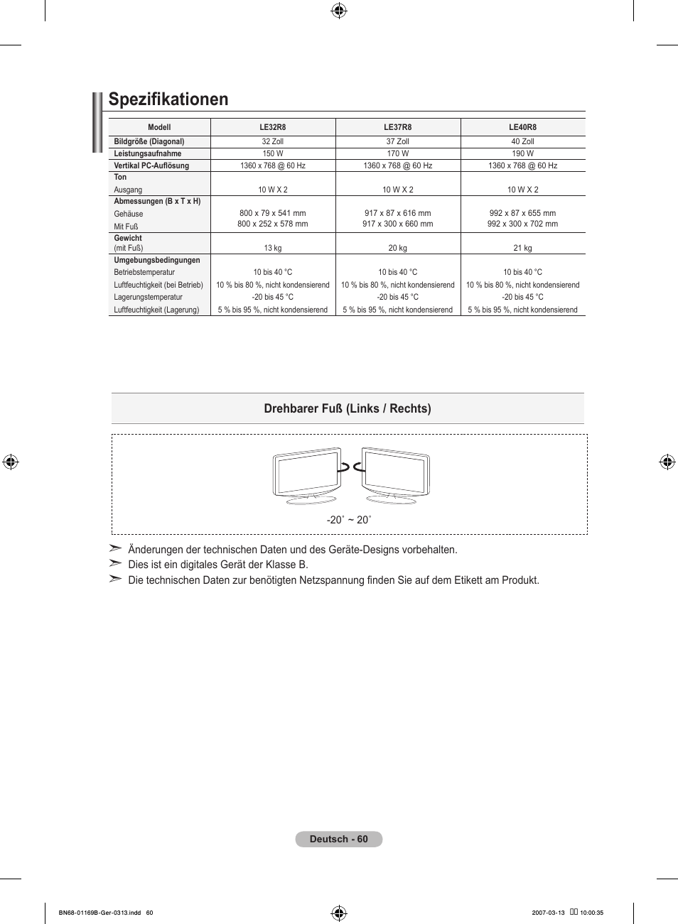 Spezifikationen, Drehbarer fuß (links / rechts) | Samsung LE40R87BD User Manual | Page 186 / 498