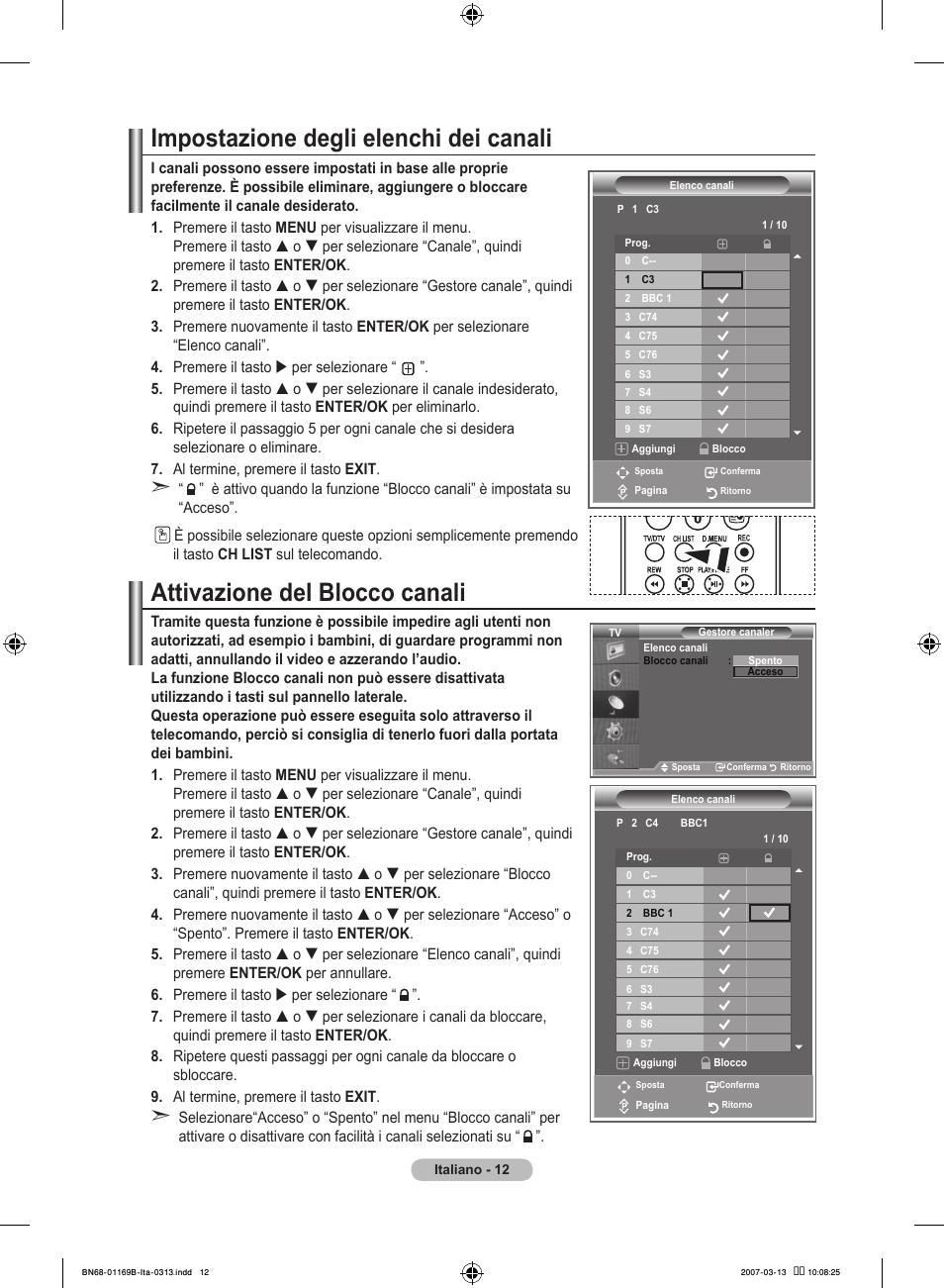 Impostazione degli elenchi dei canali, Attivazione del blocco canali | Samsung LE40R87BD User Manual | Page 262 / 498