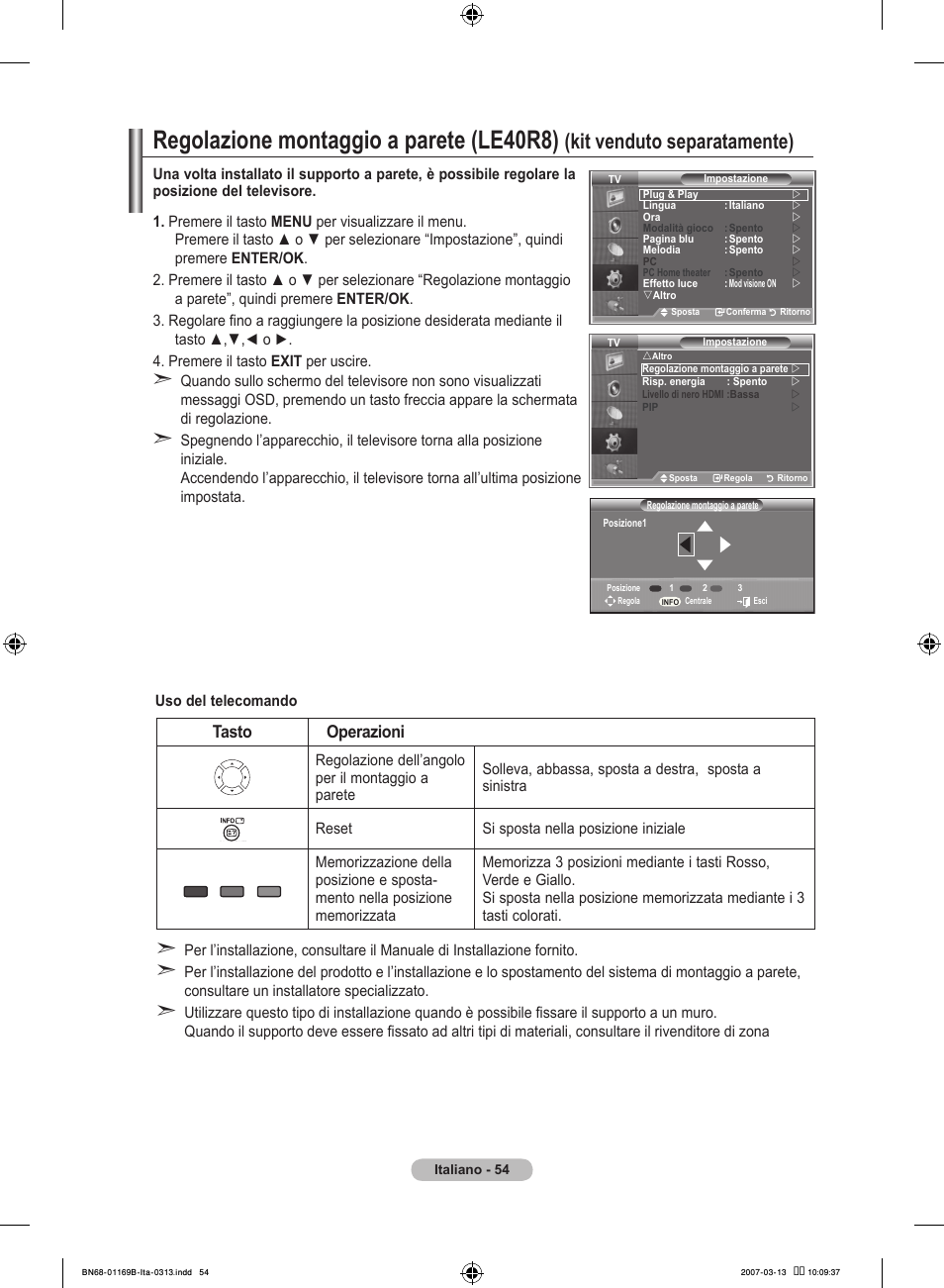 Regolazione montaggio a parete (le0r), Kit venduto separatamente), Tasto operazioni | Samsung LE40R87BD User Manual | Page 304 / 498