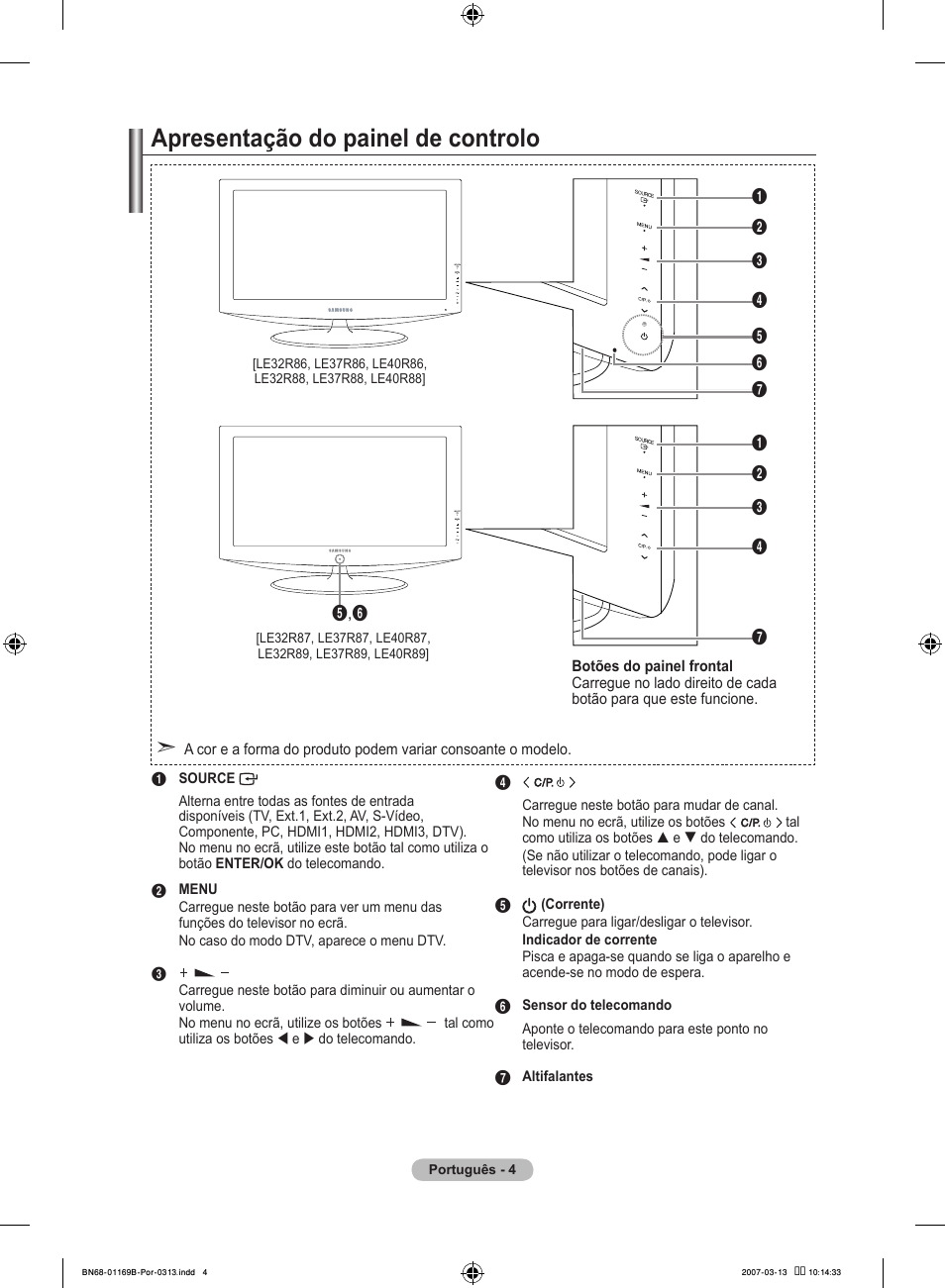 Apresentação do painel de controlo | Samsung LE40R87BD User Manual | Page 378 / 498