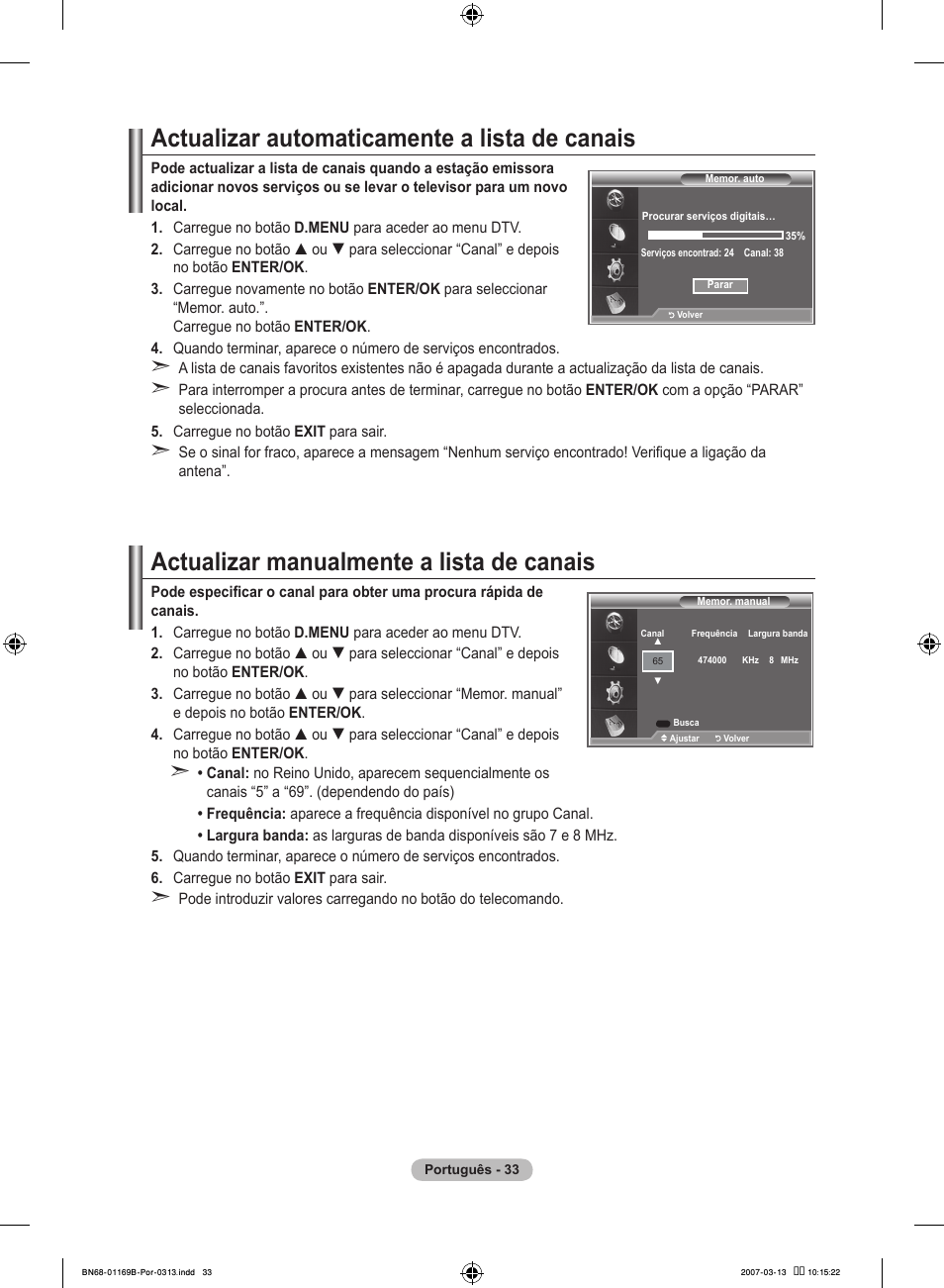 Actualizar automaticamente a lista de canais, Actualizar manualmente a lista de canais | Samsung LE40R87BD User Manual | Page 407 / 498