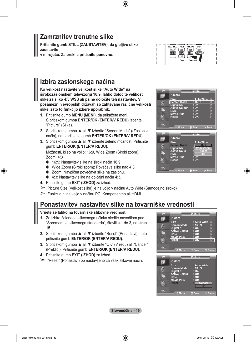Zamrznitev trenutne slike, Izbira zaslonskega načina | Samsung LE40R87BD User Manual | Page 455 / 498