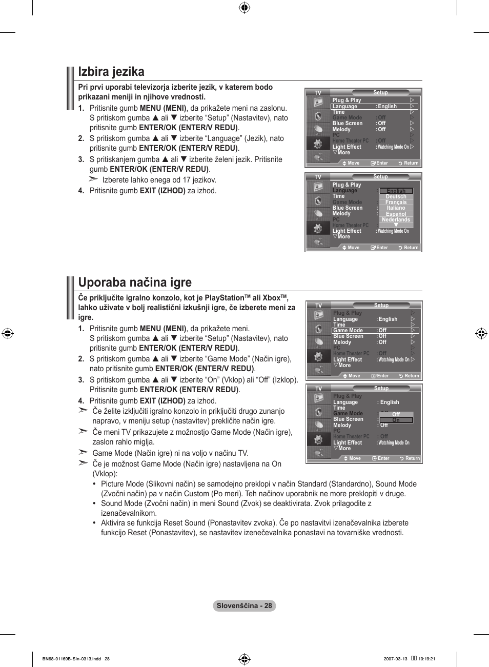 Izbira jezika, Uporaba načina igre | Samsung LE40R87BD User Manual | Page 464 / 498