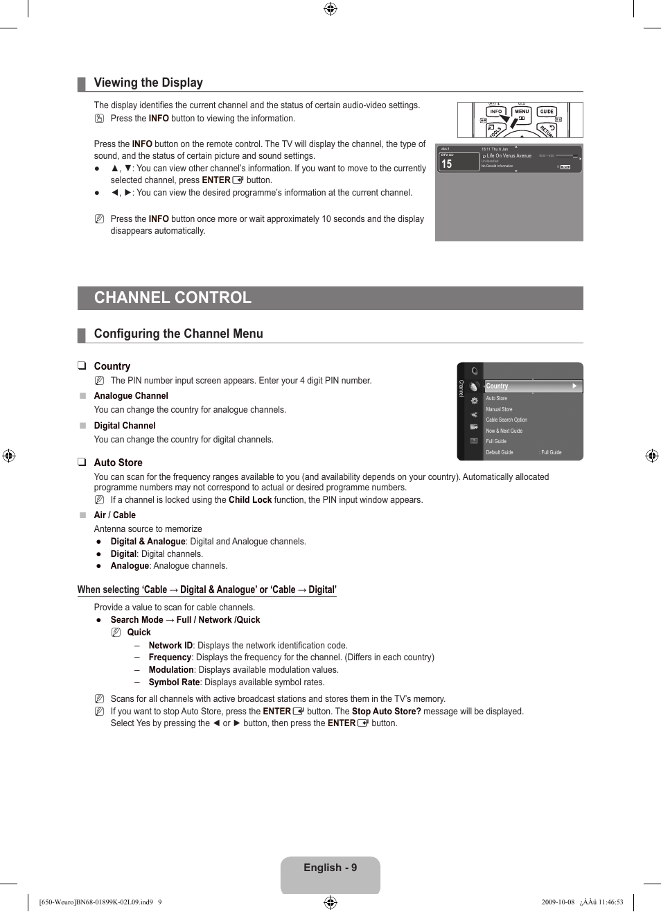 Viewing the display, Channel control, Configuring the channel menu | Samsung LE19B650T6W User Manual | Page 11 / 296