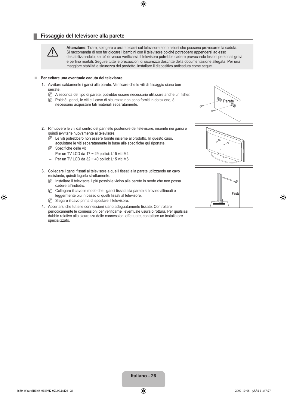 Fissaggio del televisore alla parete | Samsung LE19B650T6W User Manual | Page 156 / 296