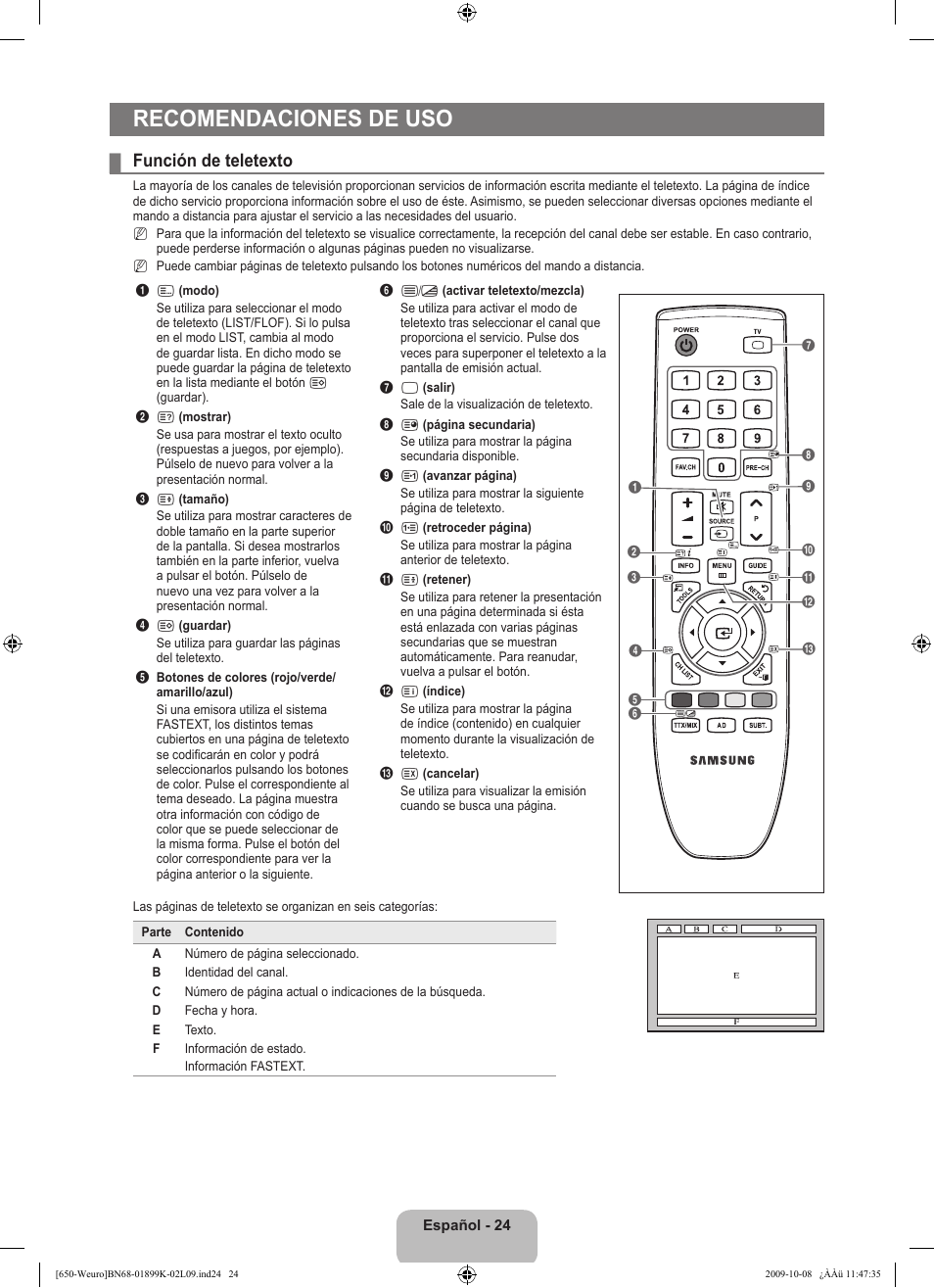 Recomendaciones de uso, Función de teletexto | Samsung LE19B650T6W User Manual | Page 186 / 296