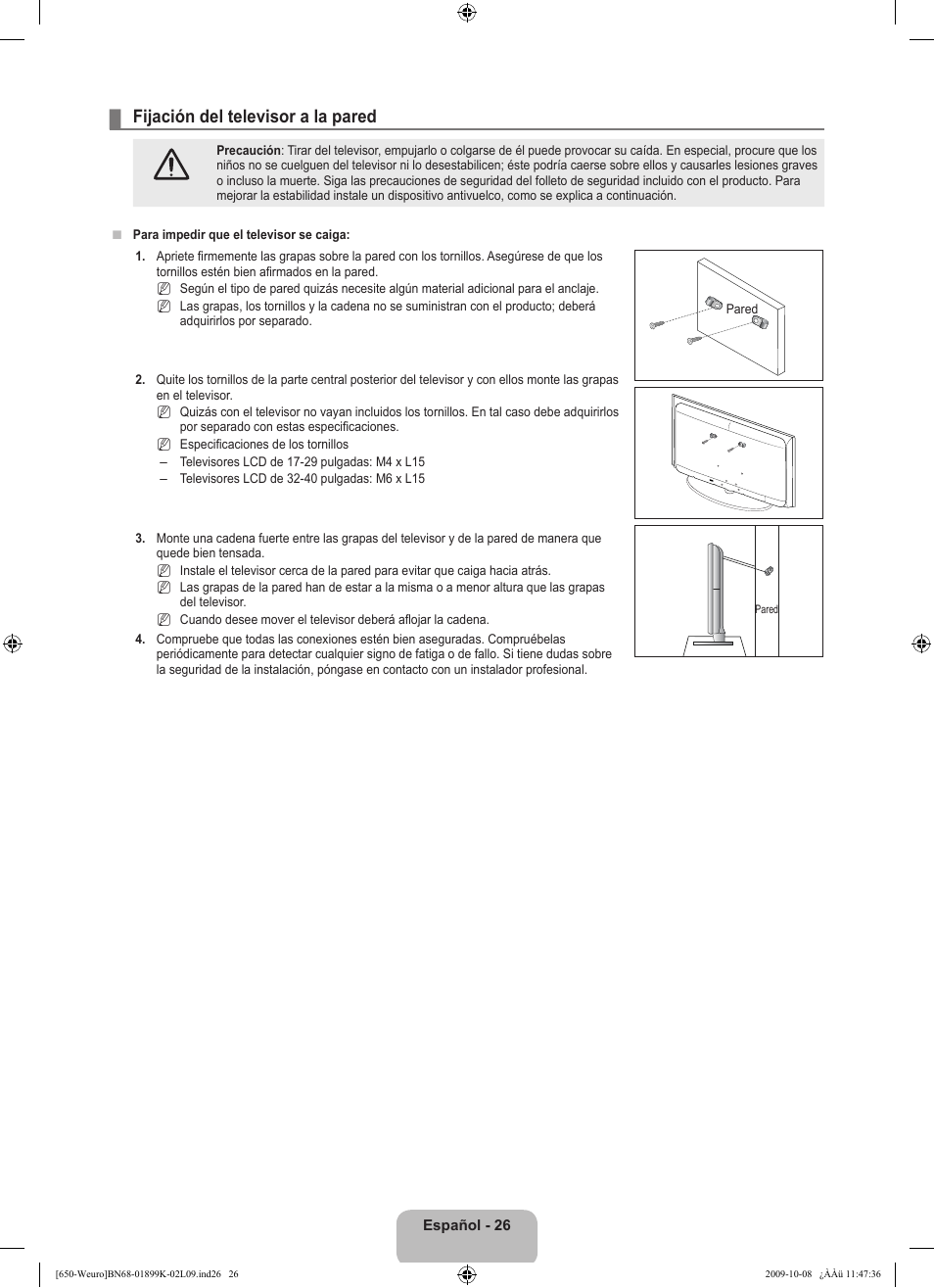 Fijación del televisor a la pared | Samsung LE19B650T6W User Manual | Page 188 / 296