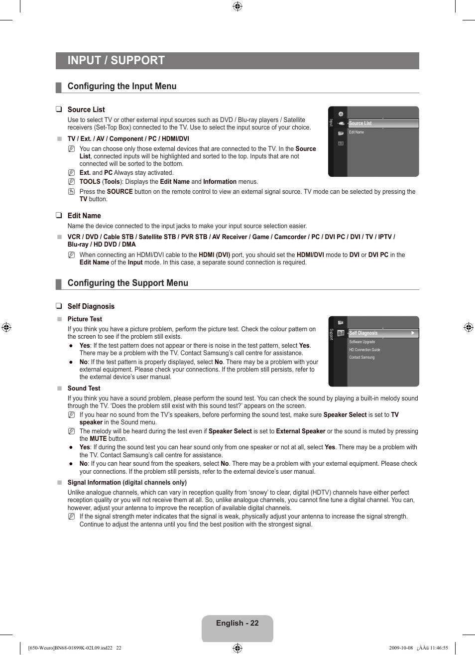 Input / support, Configuring the input menu, Configuring the support menu | Samsung LE19B650T6W User Manual | Page 24 / 296