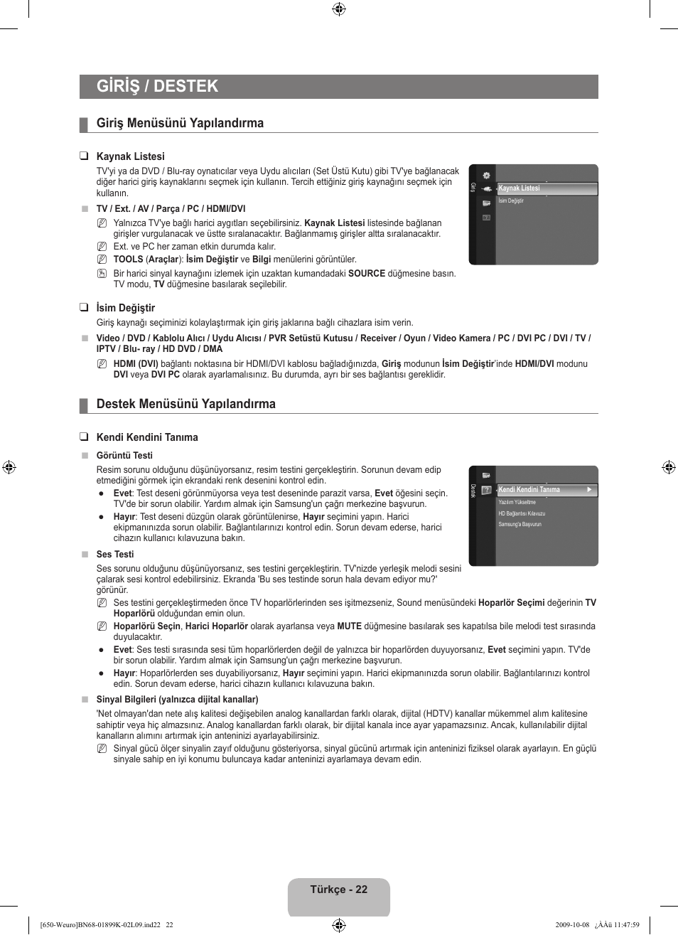 Giriş / destek, Giriş menüsünü yapılandırma, Destek menüsünü yapılandırma | Samsung LE19B650T6W User Manual | Page 280 / 296