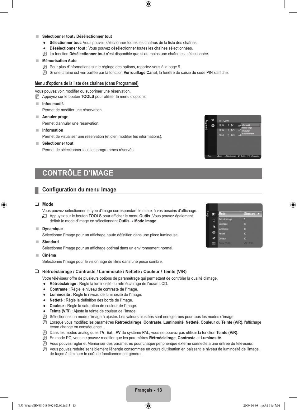 Contrôle d'image, Configuration du menu image | Samsung LE19B650T6W User Manual | Page 47 / 296
