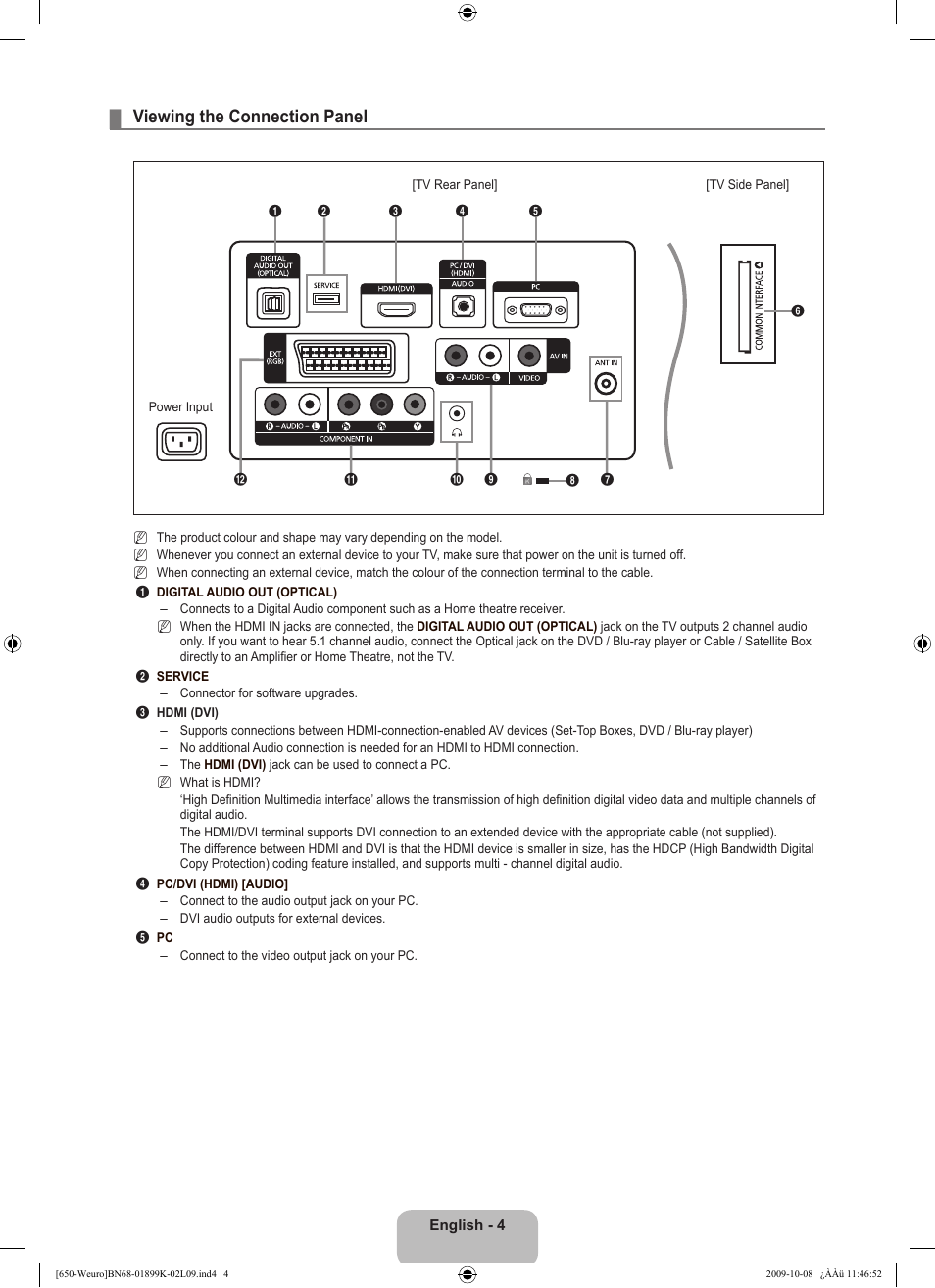 Viewing the connection panel | Samsung LE19B650T6W User Manual | Page 6 / 296