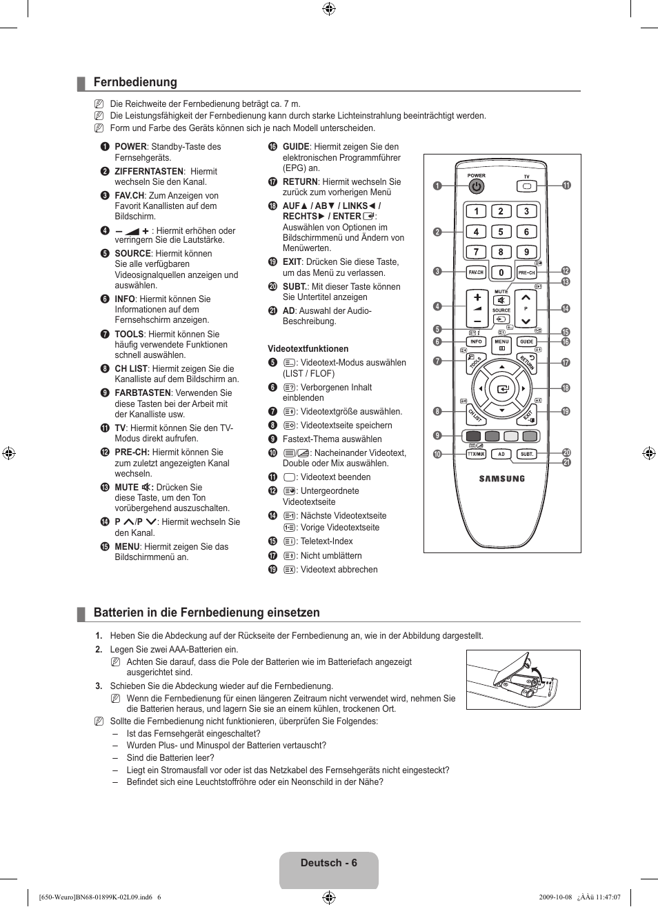 Fernbedienung, Batterien in die fernbedienung einsetzen | Samsung LE19B650T6W User Manual | Page 72 / 296