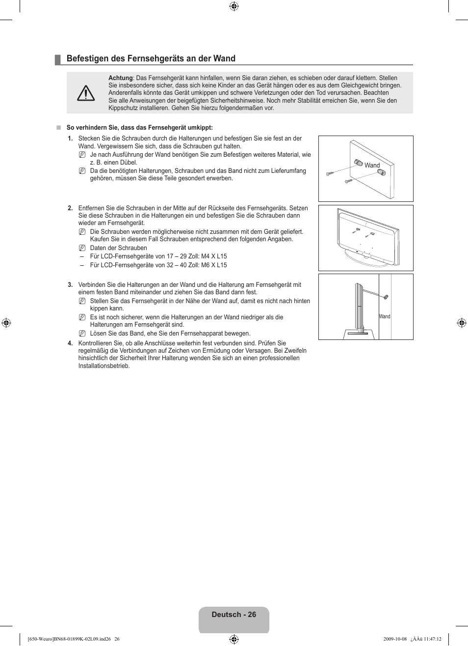 Befestigen des fernsehgeräts an der wand | Samsung LE19B650T6W User Manual | Page 92 / 296