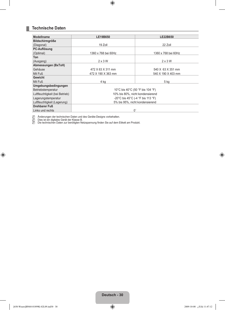 Technische daten | Samsung LE19B650T6W User Manual | Page 96 / 296