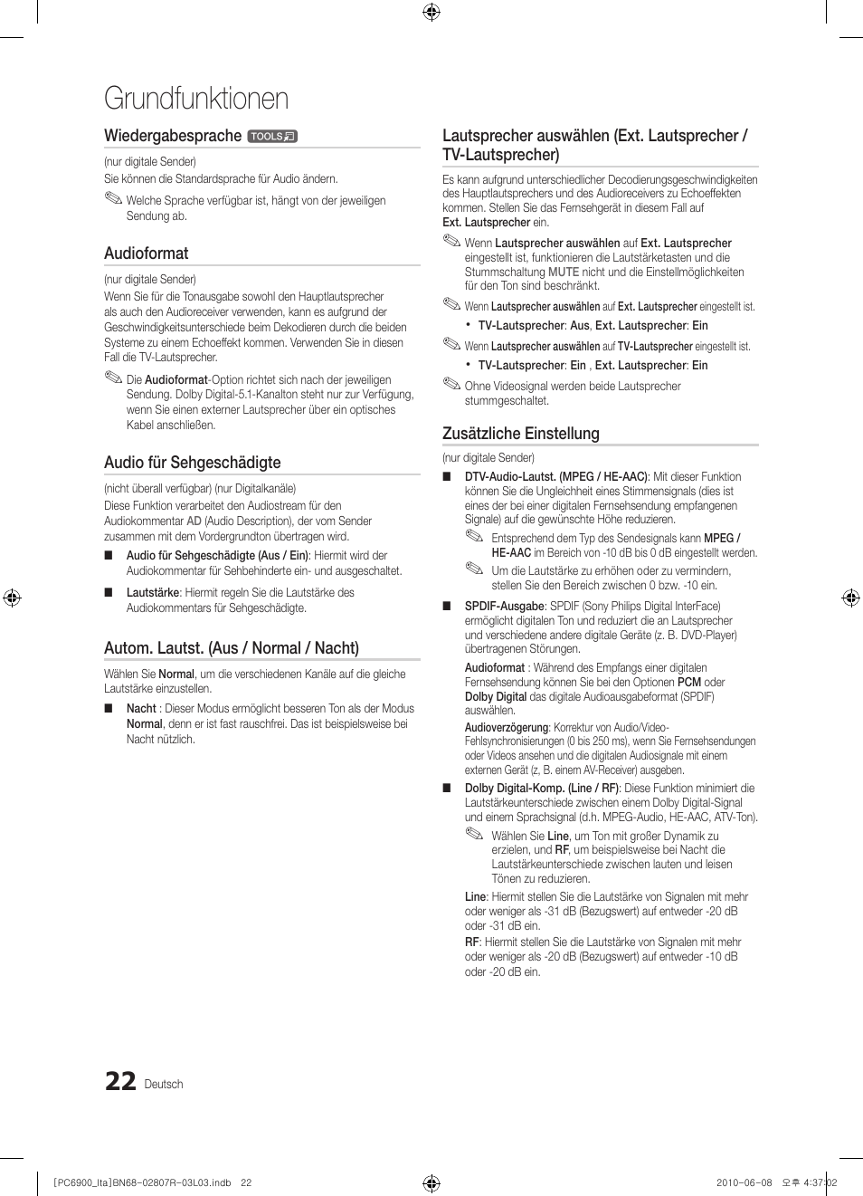 Grundfunktionen, Wiedergabesprache, Audioformat | Audio für sehgeschädigte, Autom. lautst. (aus / normal / nacht), Zusätzliche einstellung | Samsung PS50C6900YP User Manual | Page 148 / 190