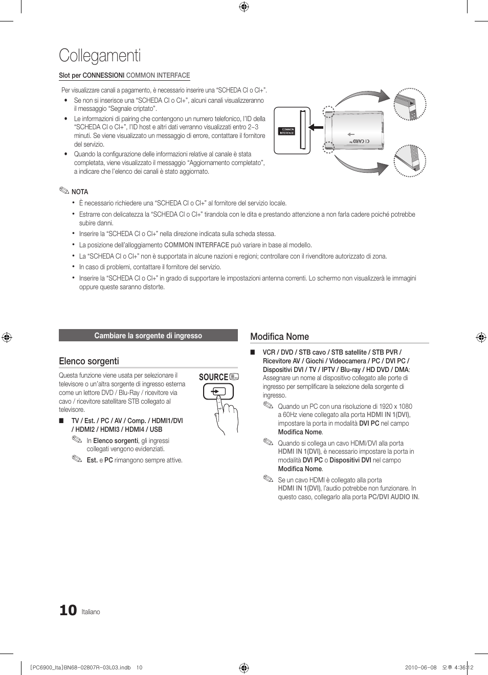 Collegamenti | Samsung PS50C6900YP User Manual | Page 72 / 190