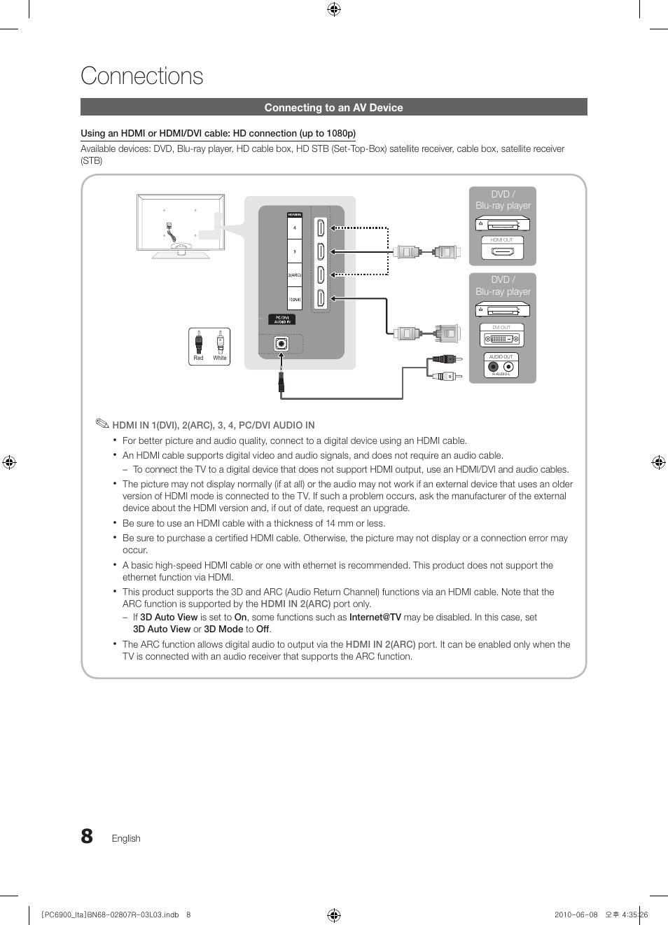 Connections | Samsung PS50C6900YP User Manual | Page 8 / 190
