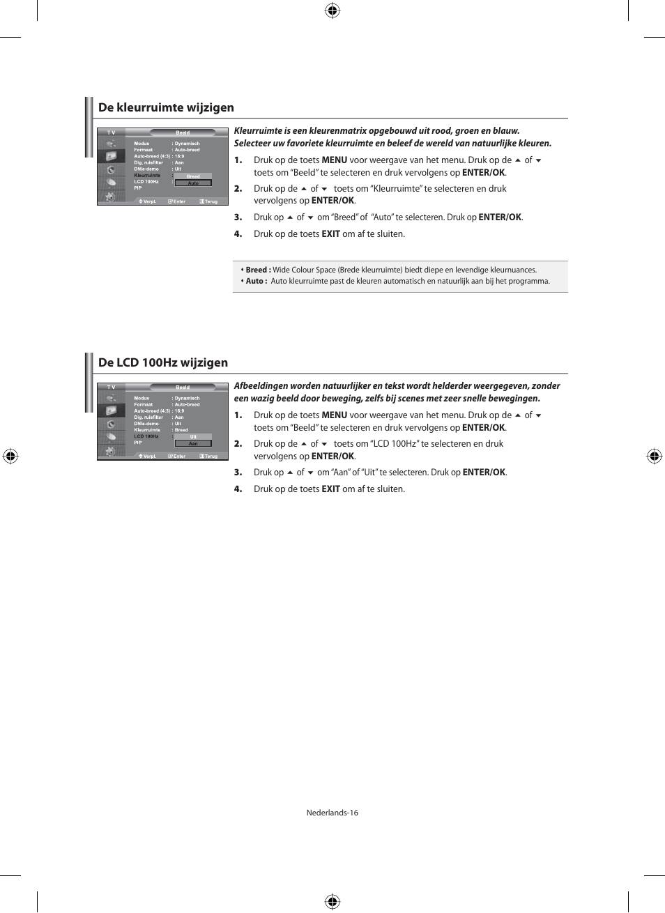 De kleurruimte wijzigen, De lcd 100hz wijzigen | Samsung LE40M91B User Manual | Page 153 / 320