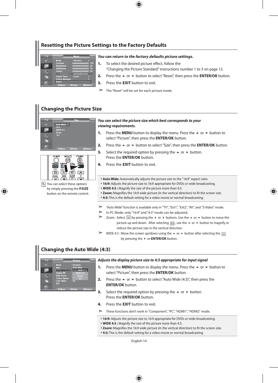 Changing the picture size, Changing the auto wide (4:3) | Samsung LE40M91B User Manual | Page 16 / 320