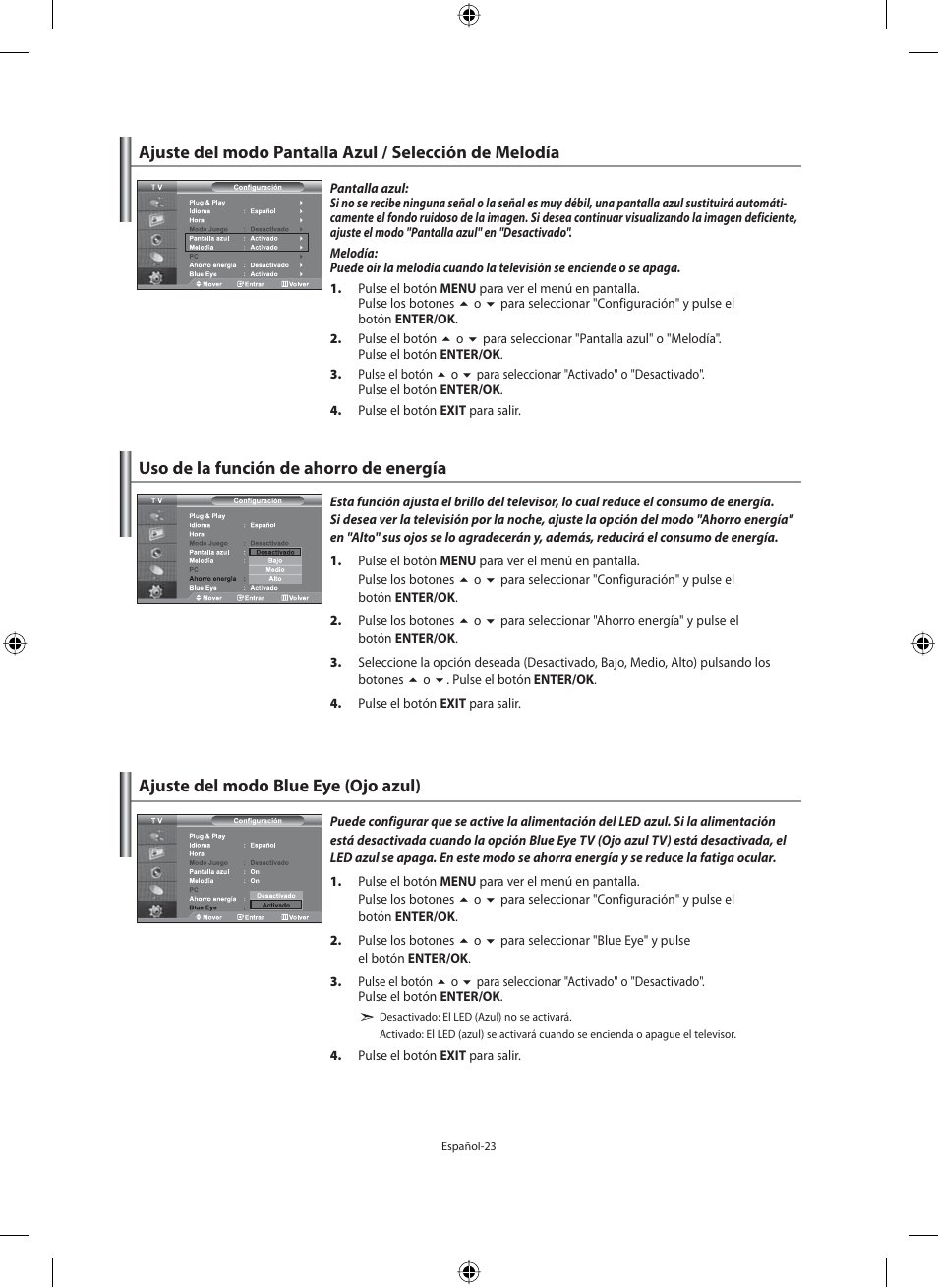 Uso de la función de ahorro de energía, Ajuste del modo blue eye (ojo azul) | Samsung LE40M91B User Manual | Page 205 / 320
