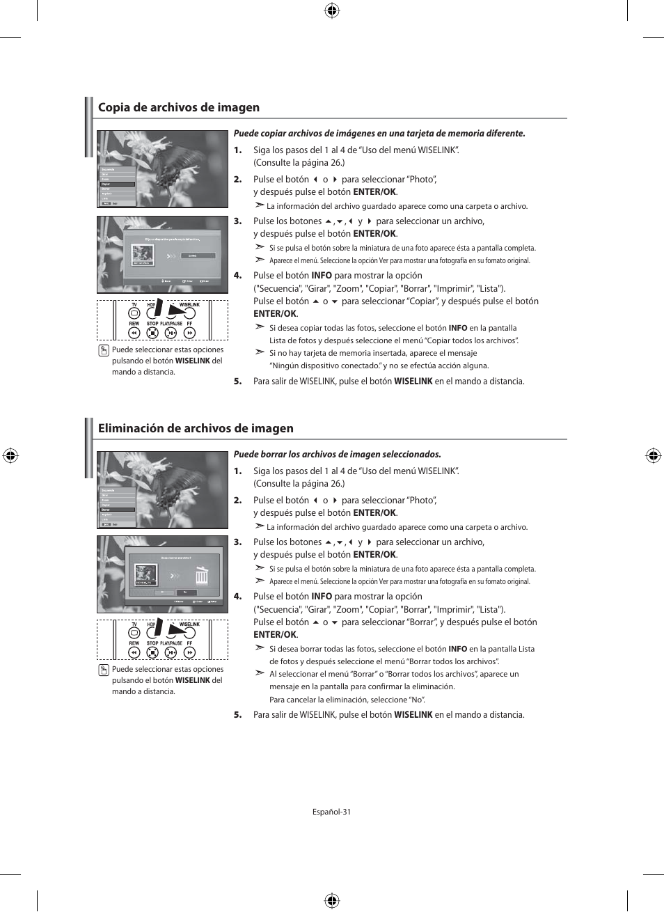 Copia de archivos de imagen, Eliminación de archivos de imagen | Samsung LE40M91B User Manual | Page 213 / 320