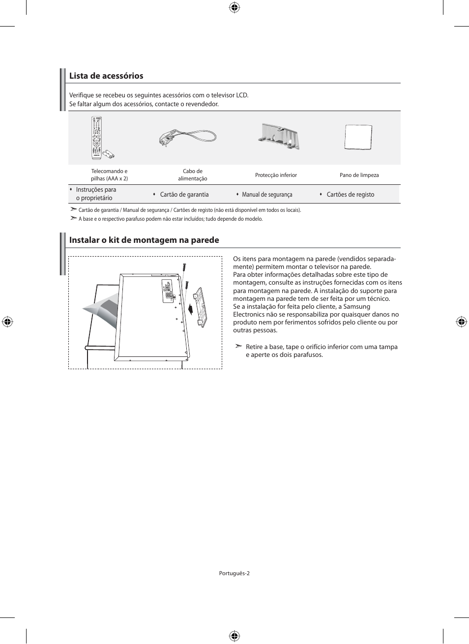 Lista de acessórios, Instalar o kit de montagem na parede | Samsung LE40M91B User Manual | Page 229 / 320