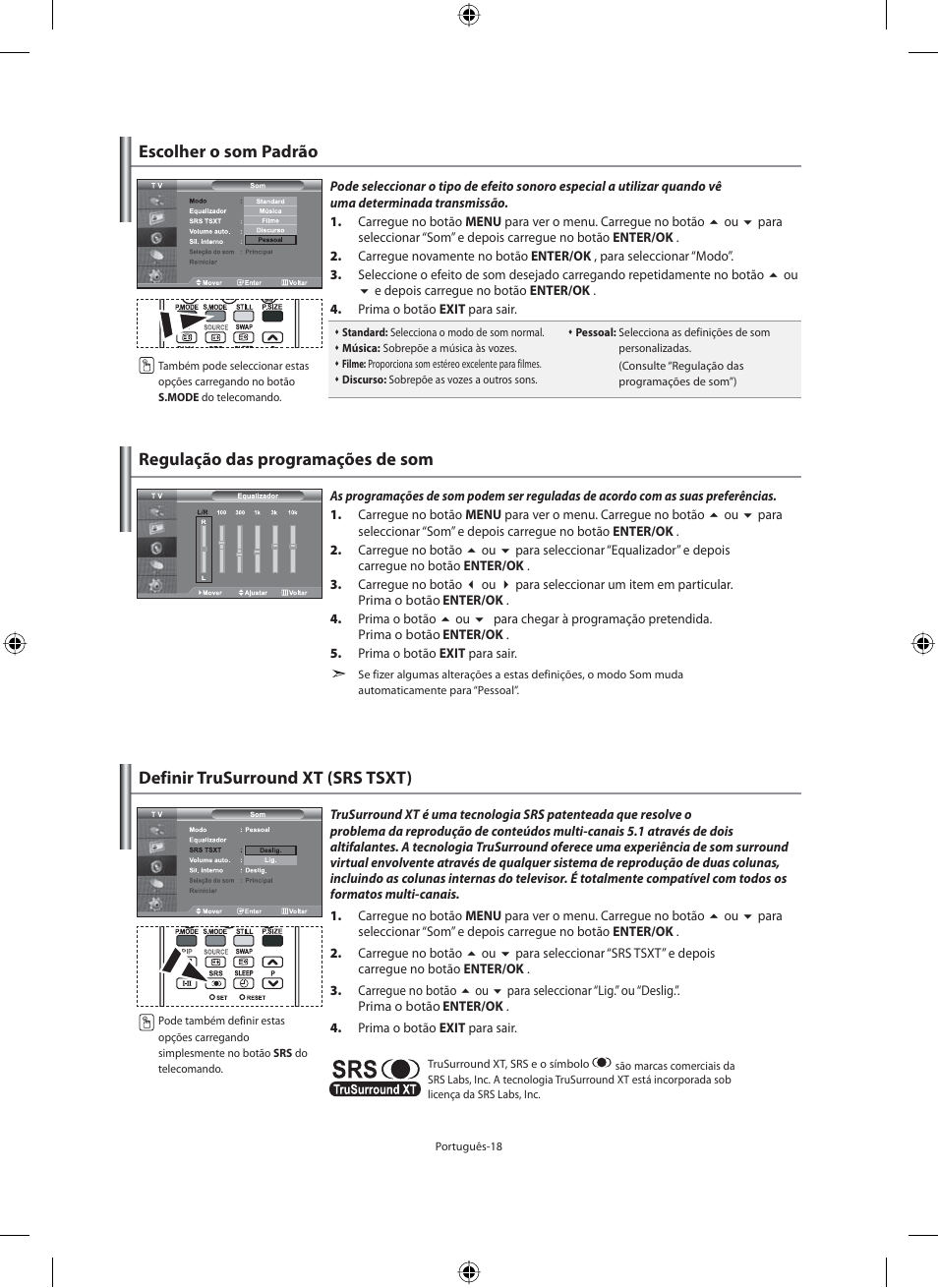 Escolher o som padrão, Regulação das programações de som, Definir trusurround xt (srs tsxt) | Samsung LE40M91B User Manual | Page 245 / 320