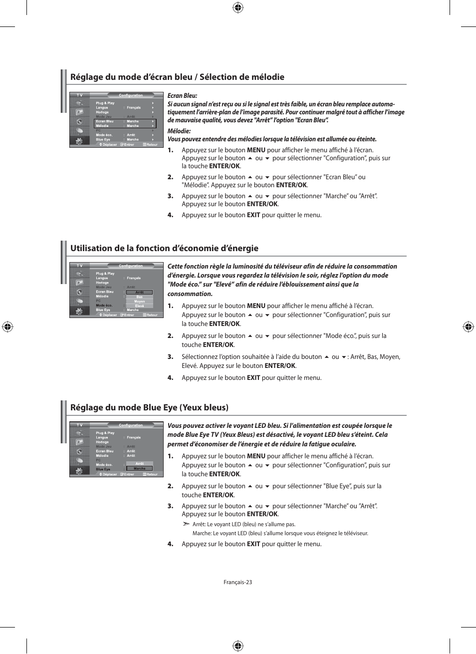 Utilisation de la fonction d’économie d’énergie, Réglage du mode blue eye (yeux bleus) | Samsung LE40M91B User Manual | Page 70 / 320