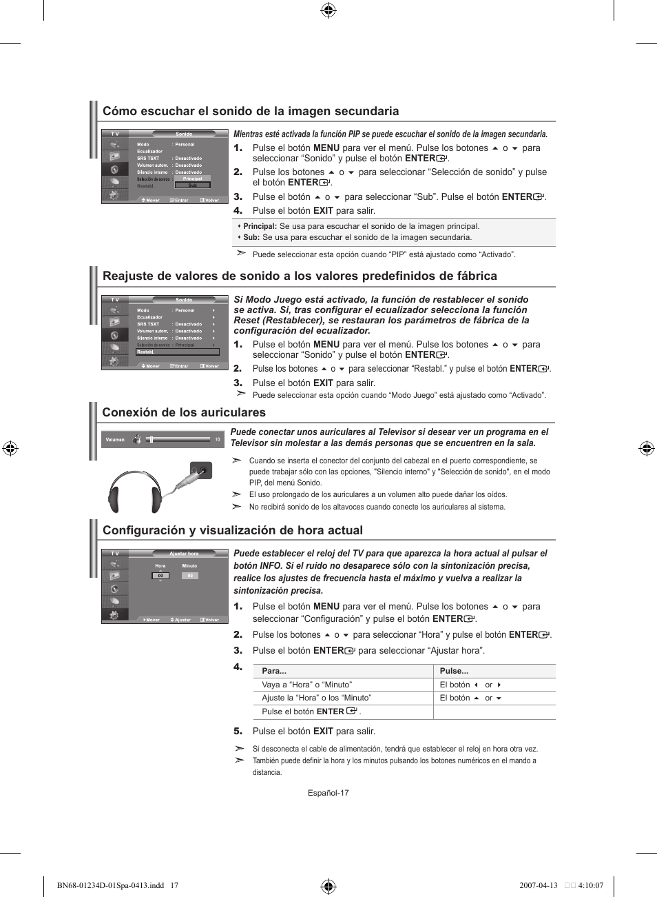 Cómo escuchar el sonido de la imagen secundaria, Conexión de los auriculares | Samsung LE32S62B User Manual | Page 123 / 187