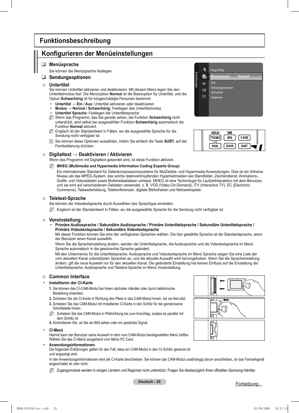 Konfigurieren der menüeinstellungen, Funktionsbeschreibung | Samsung PS50B450B1W User Manual | Page 104 / 357