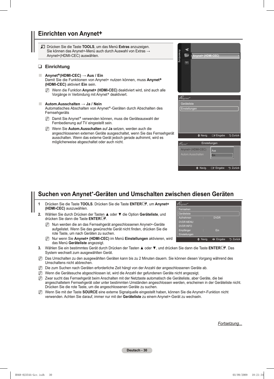 Suchen von anynet, Geräten und umschalten zwischen diesen geräten, Einrichten von anynet | Einrichtung | Samsung PS50B450B1W User Manual | Page 109 / 357