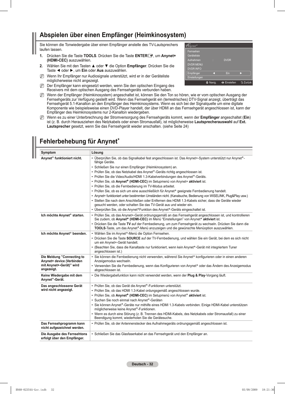 Abspielen über einen empfänger (heimkinosystem), Fehlerbehebung für anynet | Samsung PS50B450B1W User Manual | Page 111 / 357