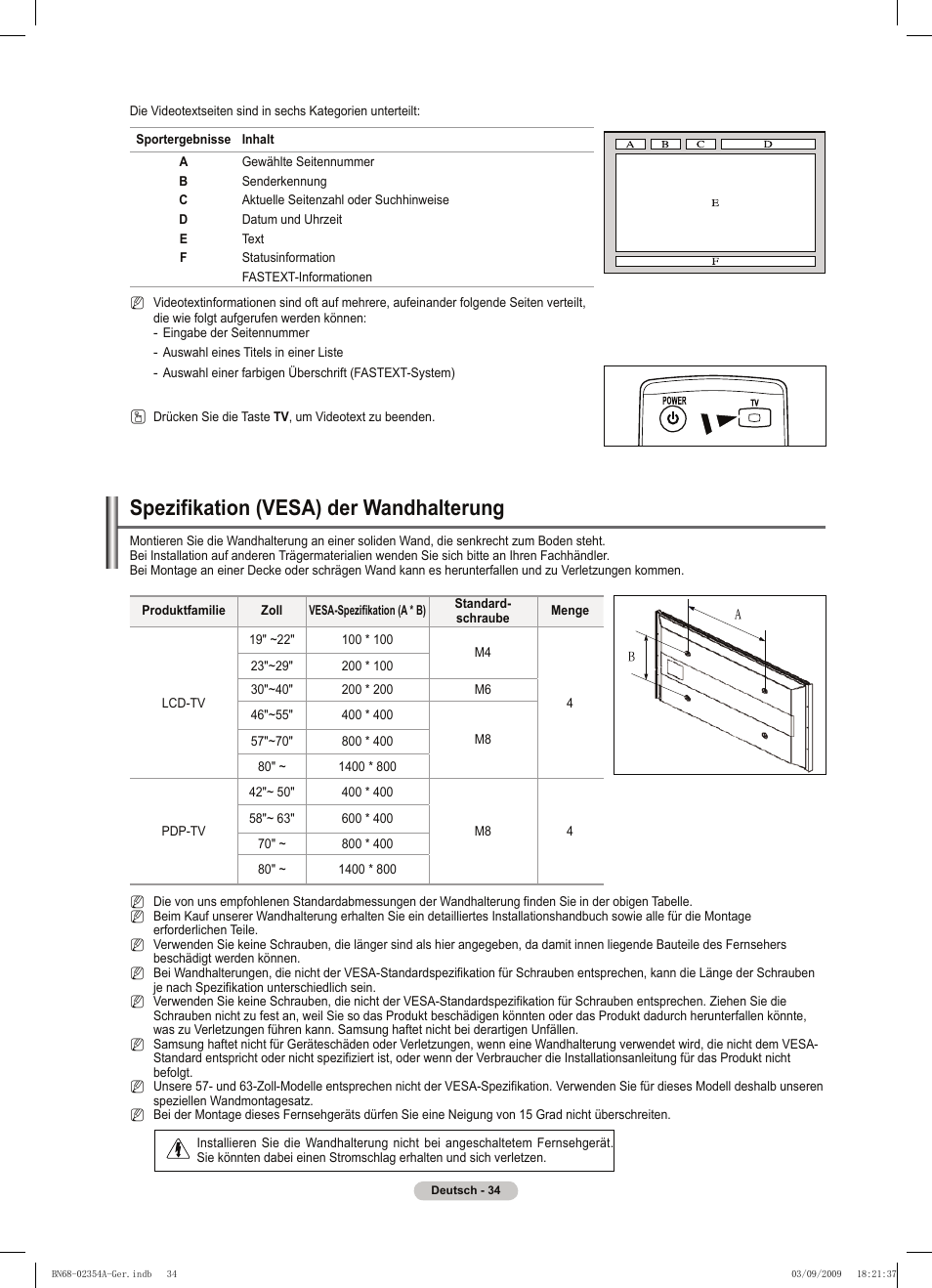 Spezifikation (vesa) der wandhalterung | Samsung PS50B450B1W User Manual | Page 113 / 357