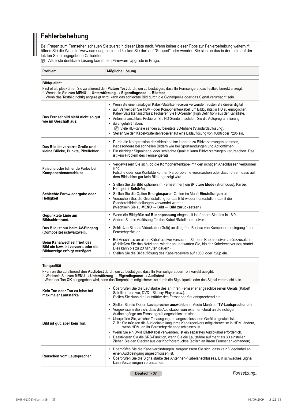 Fehlerbehebung | Samsung PS50B450B1W User Manual | Page 116 / 357