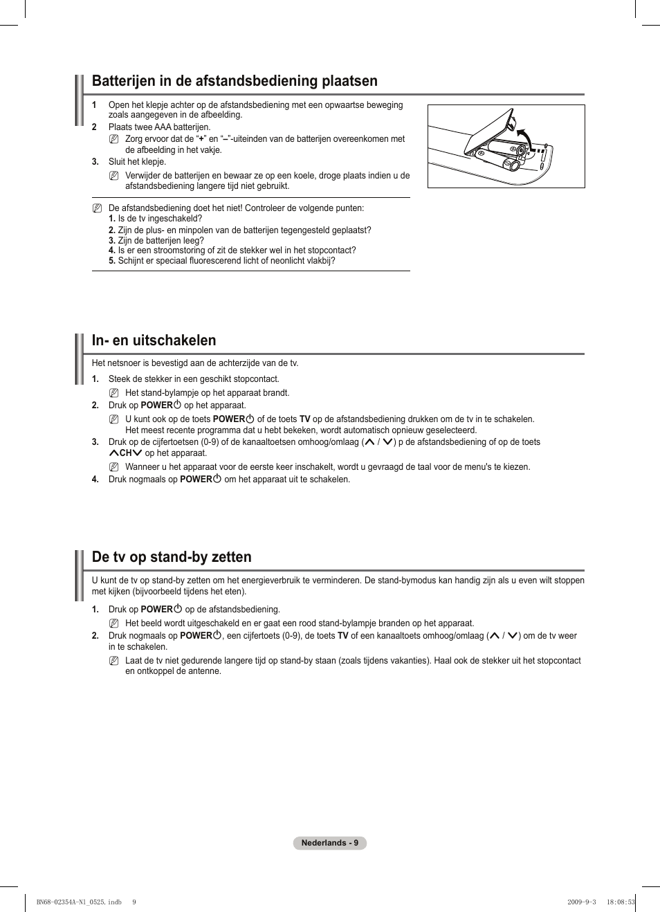 Batterijen in de afstandsbediening plaatsen, In- en uitschakelen, De tv op stand-by zetten | Samsung PS50B450B1W User Manual | Page 127 / 357