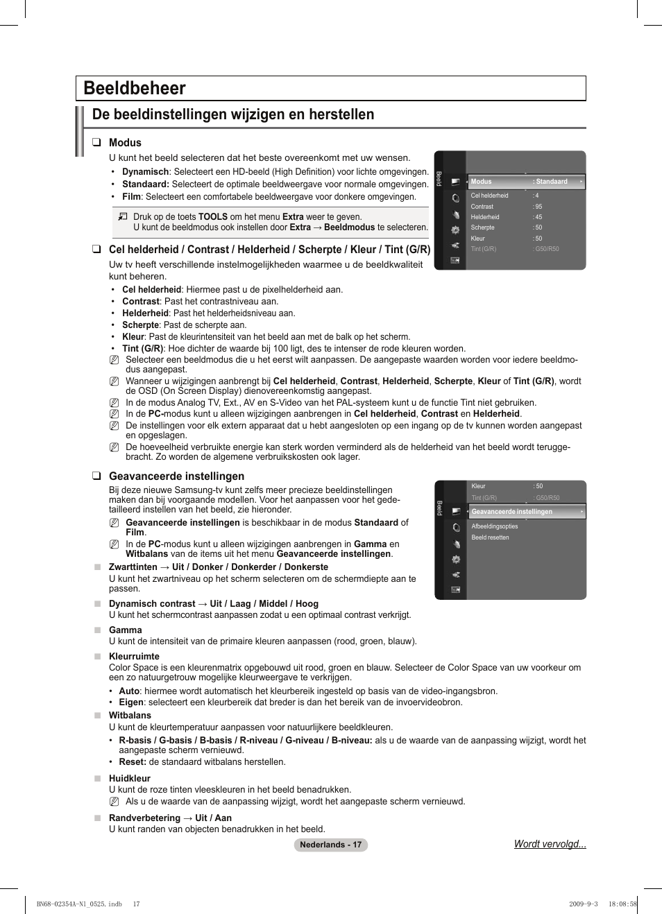 Beeldbeheer, De beeldinstellingen wijzigen en herstellen, Modus | Geavanceerde instellingen | Samsung PS50B450B1W User Manual | Page 135 / 357