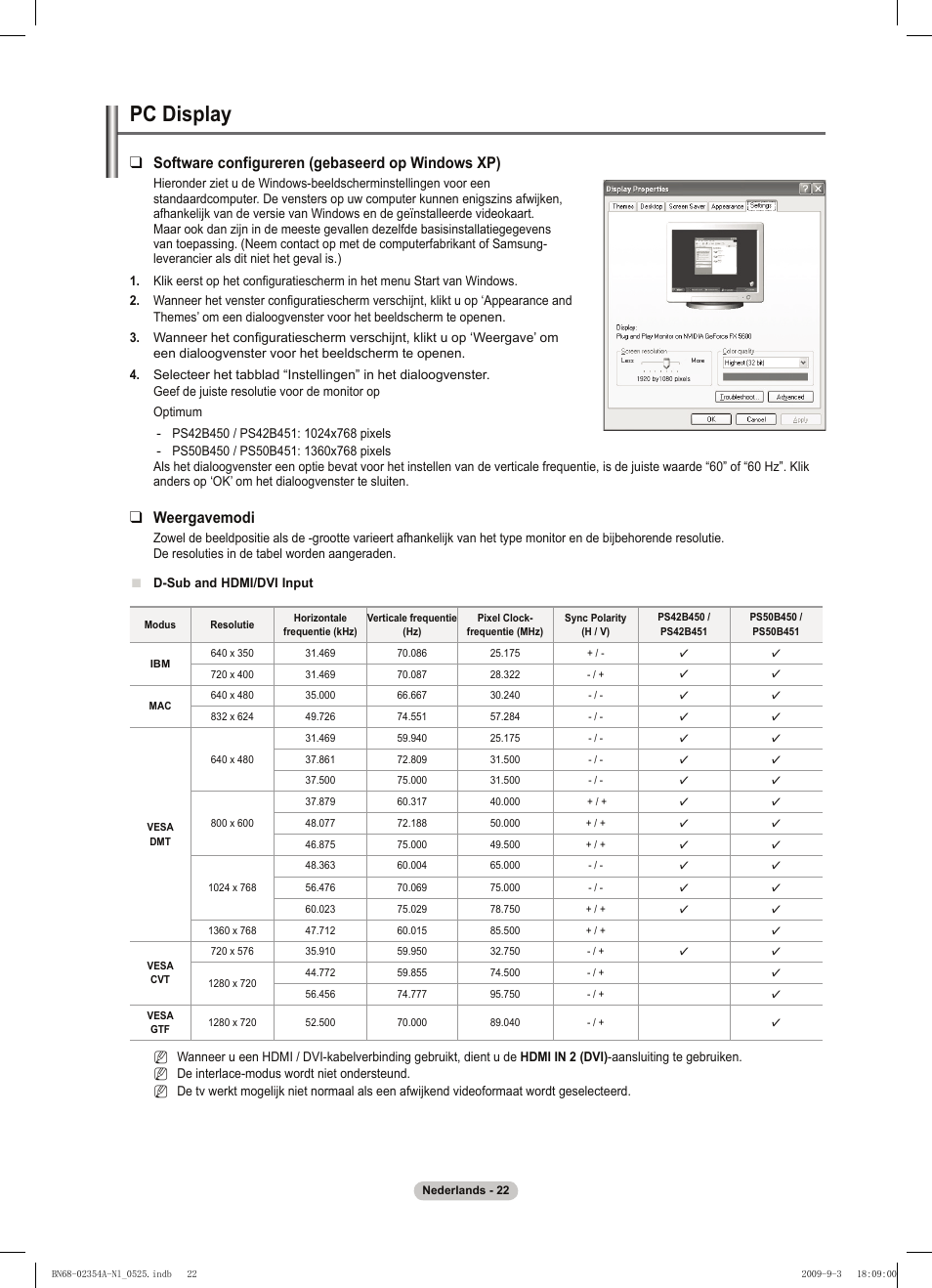 Pc display, Software configureren (gebaseerd op windows xp), Weergavemodi | Samsung PS50B450B1W User Manual | Page 140 / 357