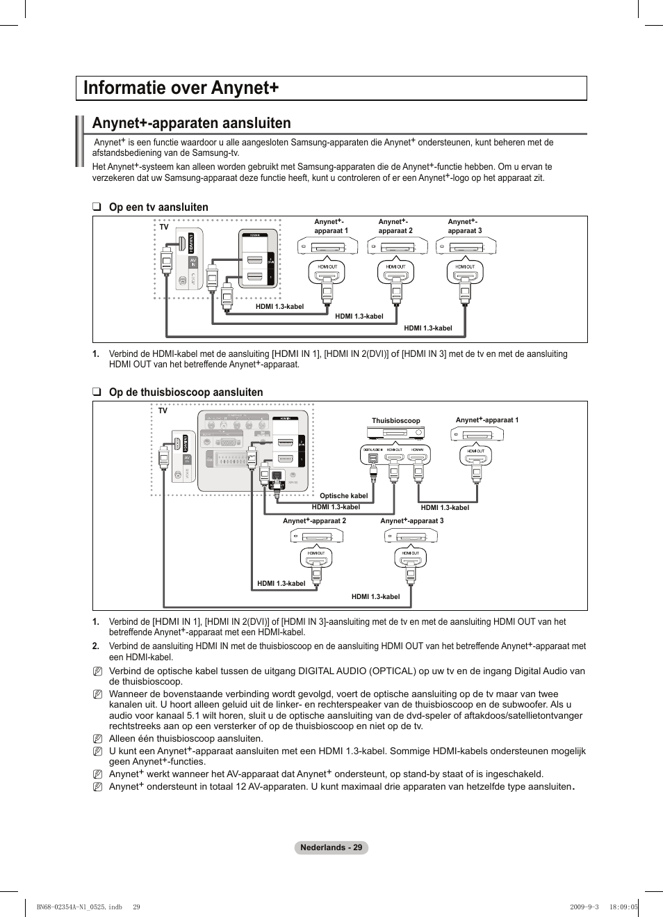 Informatie over anynet, Anynet+-apparaten aansluiten, Op een tv aansluiten | Op de thuisbioscoop aansluiten | Samsung PS50B450B1W User Manual | Page 147 / 357