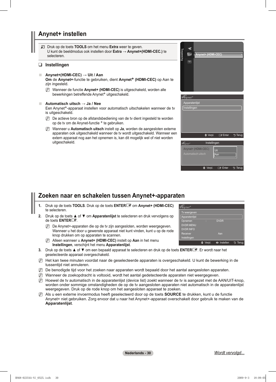 Zoeken naar en schakelen tussen anynet+-apparaten, Anynet+ instellen, Instellingen | Samsung PS50B450B1W User Manual | Page 148 / 357