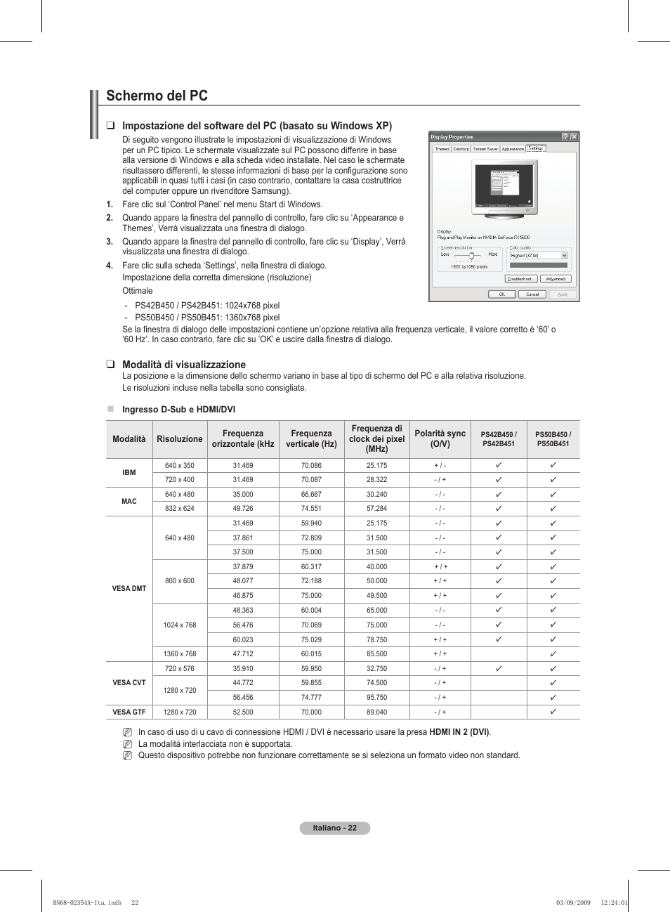 Schermo del pc, Modalità di visualizzazione | Samsung PS50B450B1W User Manual | Page 179 / 357