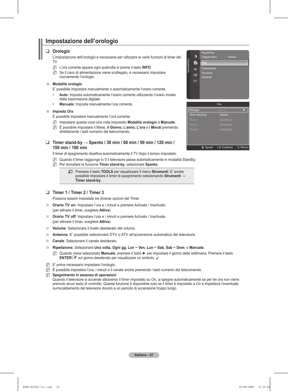 Impostazione dell’orologio, Orologio, Timer 1 / timer  / timer 3 | Samsung PS50B450B1W User Manual | Page 184 / 357