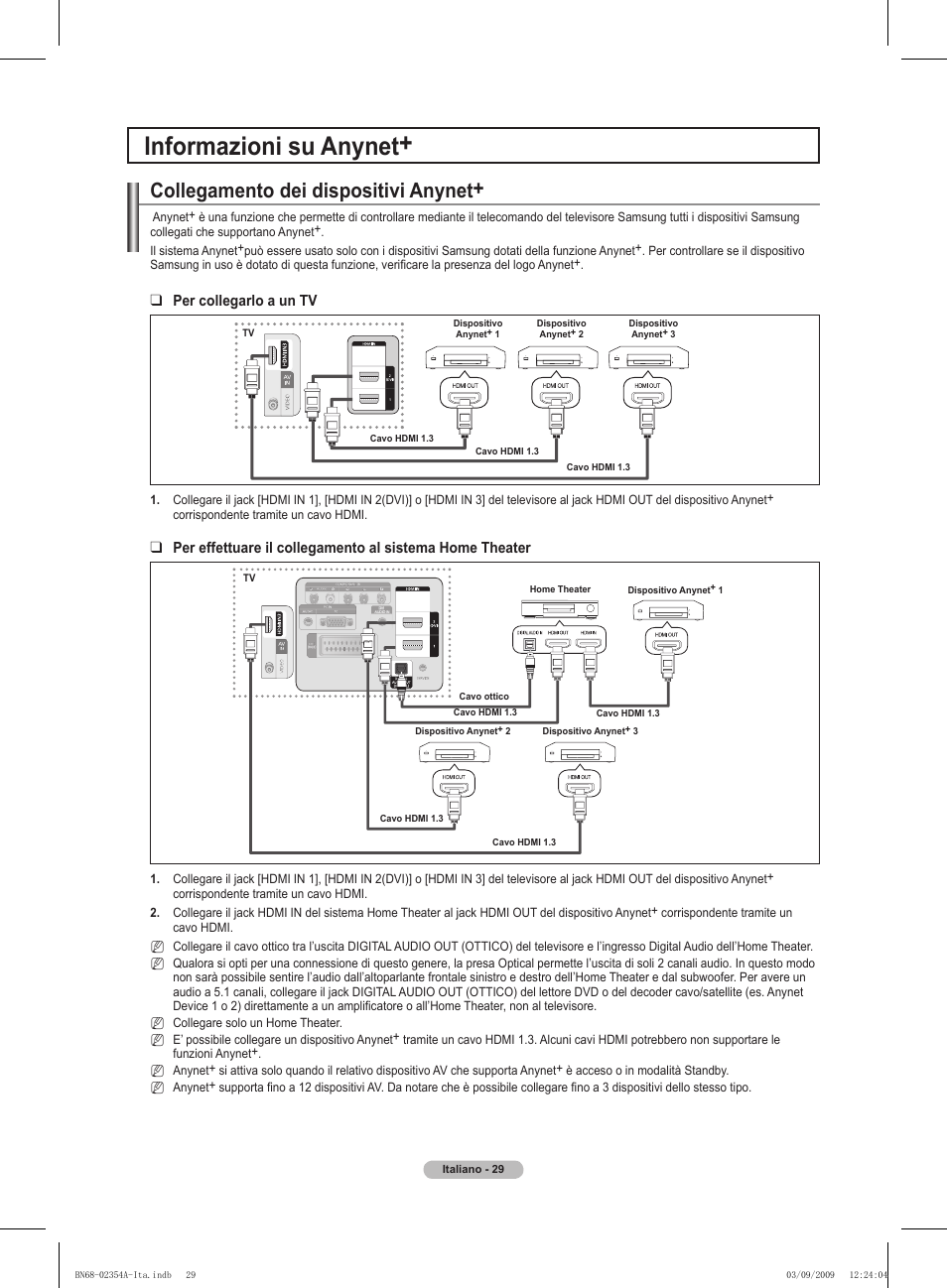 Informazioni su anynet, Collegamento dei dispositivi anynet, Per collegarlo a un tv | Samsung PS50B450B1W User Manual | Page 186 / 357