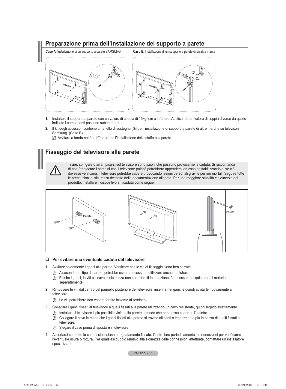 경고 주의 경고 주의, Fissaggio del televisore alla parete | Samsung PS50B450B1W User Manual | Page 192 / 357