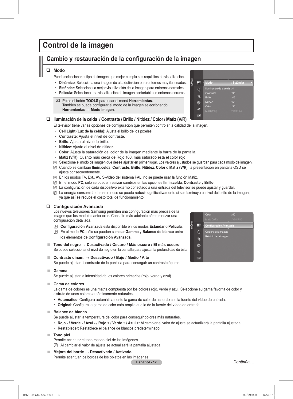 Control de la imagen, Modo, Configuración avanzada | Samsung PS50B450B1W User Manual | Page 214 / 357