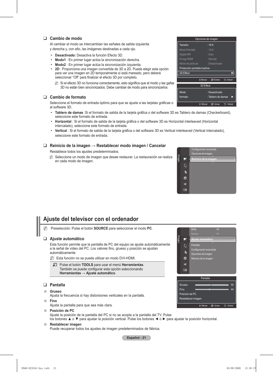 Ajuste del televisor con el ordenador, Cambio de modo, Cambio de formato | Ajuste automático, Pantalla | Samsung PS50B450B1W User Manual | Page 218 / 357