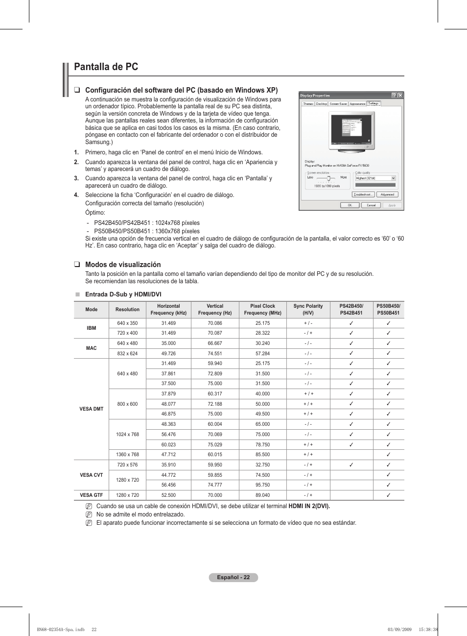 Pantalla de pc, Modos de visualización | Samsung PS50B450B1W User Manual | Page 219 / 357